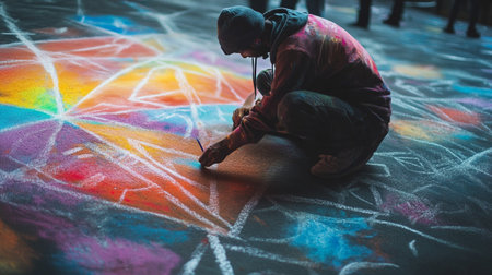 Young man drawing a colorful design on the ground at night in the cityの写真素材