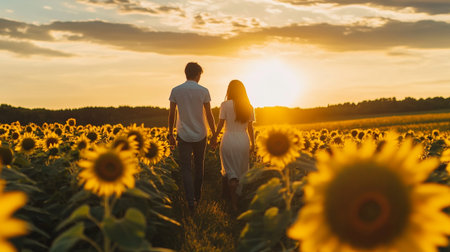 Couple in love walking on a field of sunflowers at sunsetの写真素材