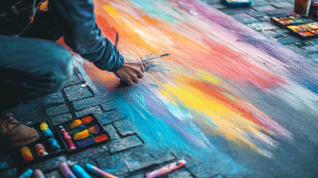 Street artist drawing with crayons and oil paints on the pavementの写真素材