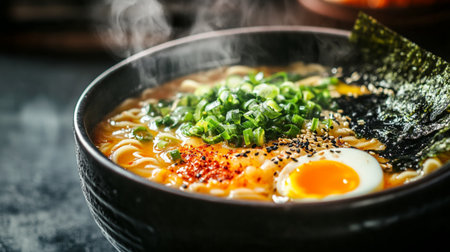 Japanese ramen noodle soup with egg, green onion and sesame seedsの写真素材