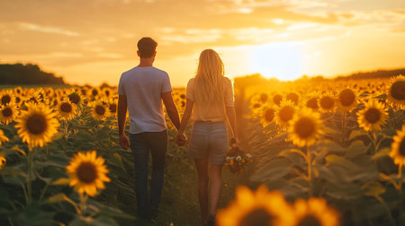 Young couple in love walking on the field of sunflowers at sunsetの写真素材