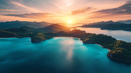 Aerial view of beautiful tropical island at sunset time. Nature backgroundの写真素材