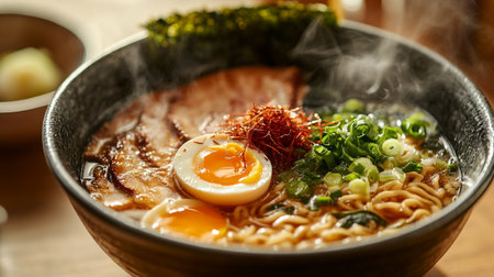 japanese ramen noodle with egg on wood table backgroundの写真素材