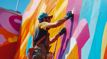 Worker paints a graffiti on the wall of the building in the city