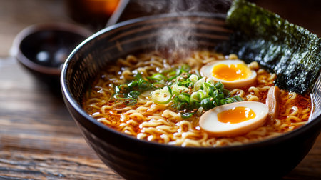 Japanese ramen noodle soup with egg in bowl on wooden tableの写真素材