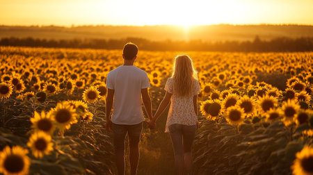 Young couple in love on the field of sunflowers at sunsetの写真素材