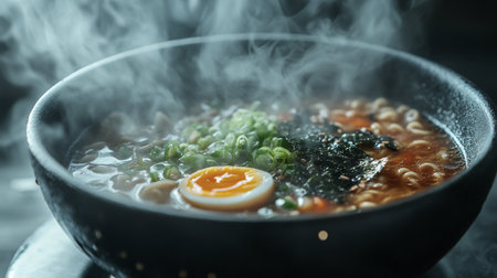 Japanese ramen in a black bowl with steam and egg yolk