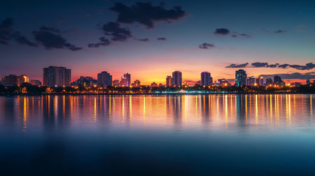 Cityscape with reflection on the lake at twilight, Bangkok, Thailandの写真素材