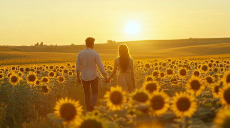 Couple in love walking on the field of sunflowers at sunsetの写真素材