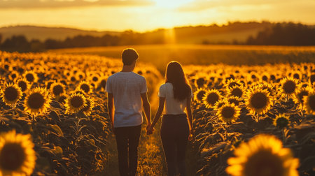 Back view of young couple holding hands and looking at sunflower field at sunsetの写真素材