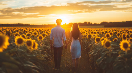 Couple in love walking on the field of sunflowers at sunsetの写真素材
