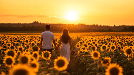 Couple in love walking on a field of sunflowers at sunsetの写真素材