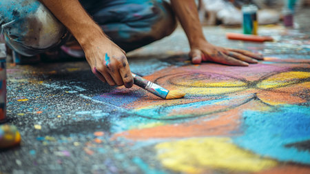 Artist draws a picture on the asphalt. Close-up of artist's hand with a brush.の写真素材
