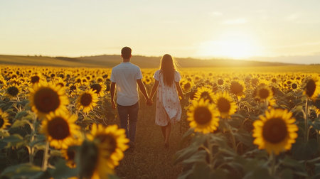 Couple in love walking on the field of sunflowers at sunsetの写真素材