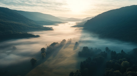 Aerial view of foggy morning in the mountains. Beautiful autumn landscape