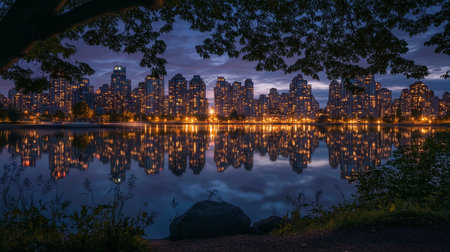 City skyline at night with reflection in water.