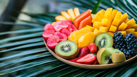 Mixed fruit on wooden plate with palm leaf background - Healthy food styleの写真素材