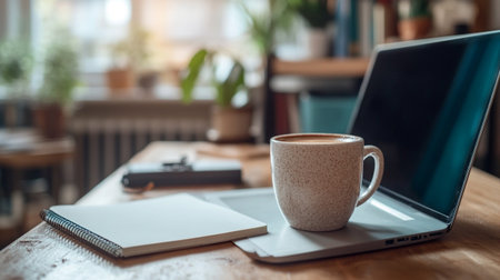 Coffee cup and notebook on wooden table in coffee shop.の写真素材
