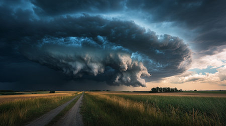 Dramatic stormy sky over agricultural field. Dramatic sky with stormy clouds.の写真素材
