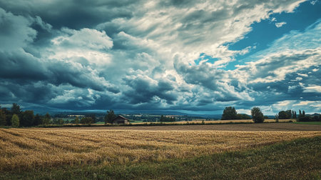 Stormy sky over a field of wheat. Dramatic overcast sky.の写真素材