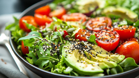 Fresh salad with avocado, tomatoes, arugula and sesame seedsの写真素材