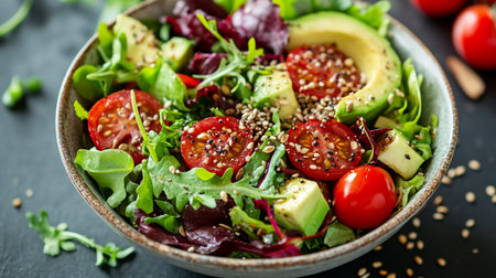 Fresh salad with tomatoes, avocado and sesame seeds in bowl on black background