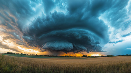 Dramatic stormy sky over field at sunset. Nature composition.の写真素材