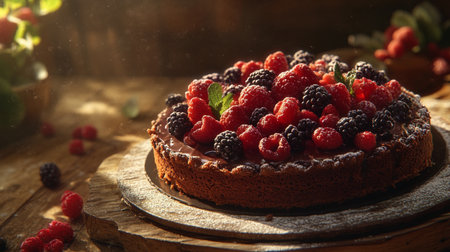 Homemade chocolate cake with fresh raspberries and blackberries on wooden backgroundの写真素材