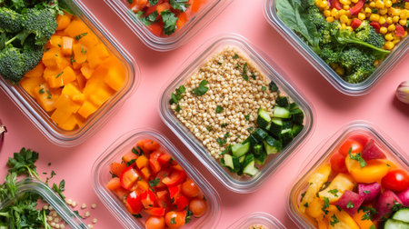 Top view of plastic containers with healthy food on pink background, flat layの写真素材