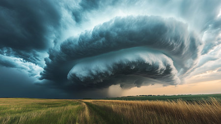Dramatic stormy sky over agricultural field. 3d render
