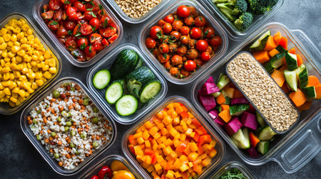 Healthy food in plastic containers as dieting, clean eating and nutrition conceptの写真素材