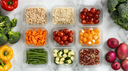 Top view of plastic containers with healthy foodle table, flat layの写真素材