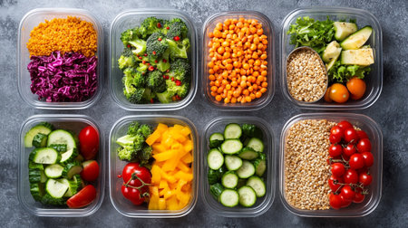 Healthy food clean eating selection in plastic containers. Top view flat lay
