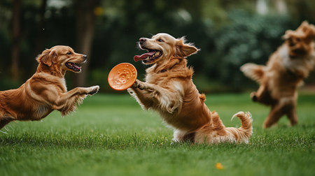 Portrait of two golden retriever dogs playing and having fun outdoorsの写真素材