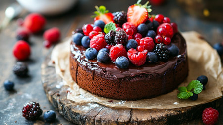 Chocolate cake with berries on a dark background, selective focus.の写真素材