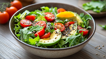 Healthy salad with arugula, cherry tomatoes, avocado and sesame seeds