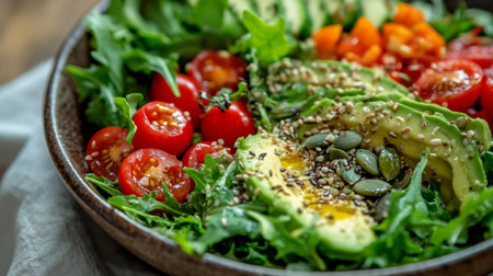 Healthy salad bowl with avocado, cherry tomatoes, arugula and pumpkin seedsの写真素材