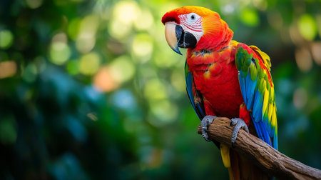 beautiful Scarlet macaw parrot on tree branch in the forestの写真素材
