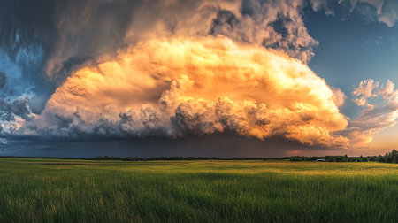 Dramatic stormy sky over green paddy field at sunsetの写真素材
