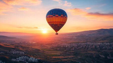 Colorful hot air balloon flying over Cappadocia, Turkeyの写真素材