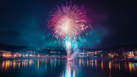 Colorful fireworks on the lake in Lucerne, Switzerland.の写真素材
