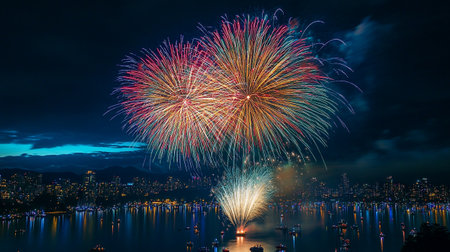 Beautiful colorful firework display for celebration happy new year and merry christmas in hongkongの写真素材