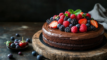 Chocolate cake with fresh berries on a dark rustic background.の写真素材