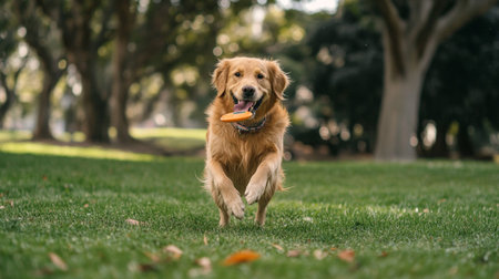 Golden Retriever running on the grass in the park with a frisbeeの写真素材
