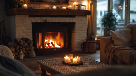 Burning candles in a cozy living room with a fireplace on the backgroundの写真素材