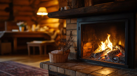 Fireplace in a log house. Interior of a country house.の写真素材