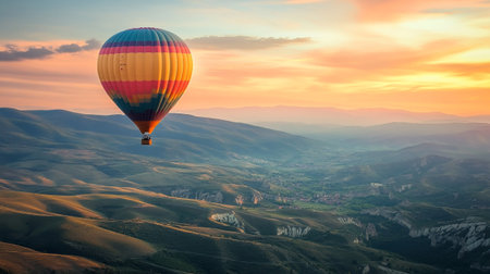 Colorful hot air balloon flying over the mountains at sunset. 3D Rendering