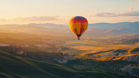 Colorful hot air balloon flying over the valley in the morning.の写真素材
