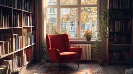 Comfortable red armchair in cozy living room with bookshelf.の写真素材