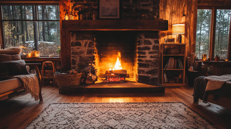 Fireplace in the interior of a country house in the evening.の写真素材